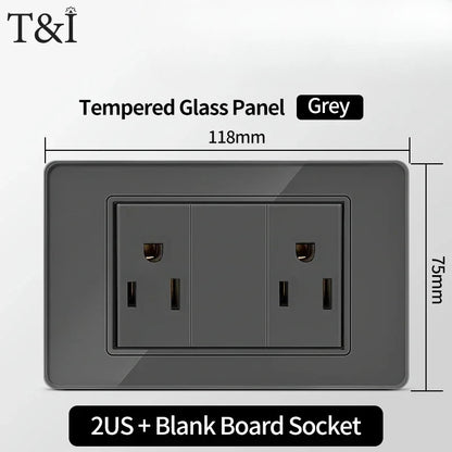 118*75mm TEMPERED GLASS SWITCH PANEL Wall Socket with USB Type - C, Grey US Switch, Thai Plug for Home & Office Use