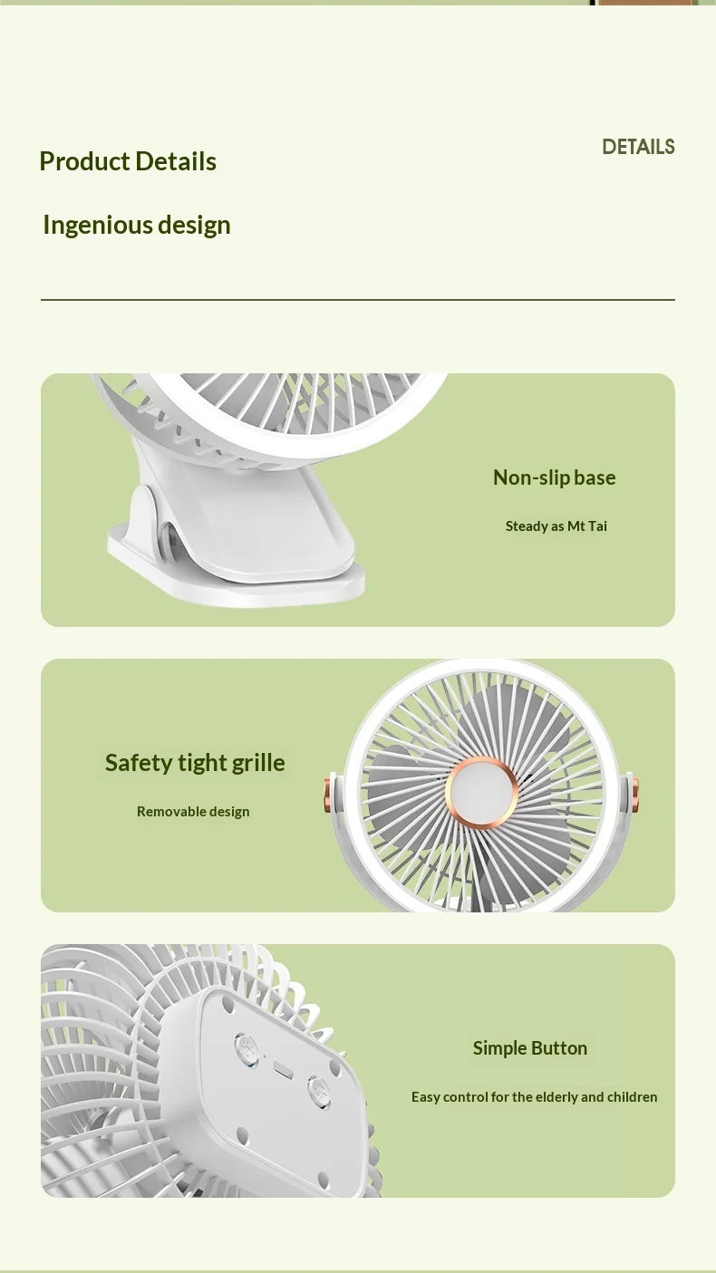 Portable Clip On Fan With LED Light, 720° Rotation Mini USB Rechargeable Fan, 5 Speed Quiet Cooling Fan For Home Office Camping
