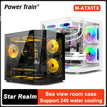 Power Train Star Realm M-ATX Desktop Computer Case Without Pillars Three Sided Glass Panoramic Sea View Room 240 Water Cooling