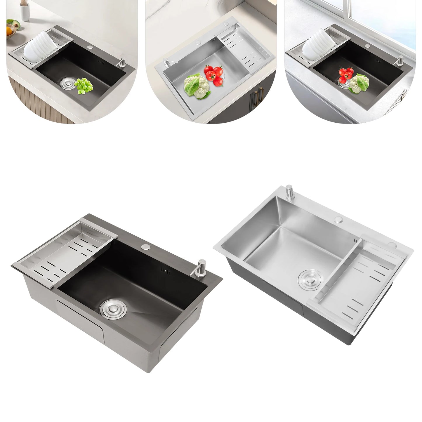 68×45cm Sink with V-shaped Drainer and Drain Basket and Soap Dispenser Anti-overflow Kitchen Sink Stainless Steel Sink