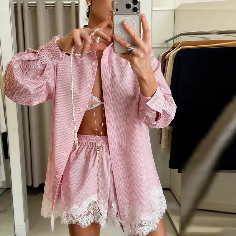 Women's Casual Long Sleeve Single Breasted Shirts 2026 Spring Lace Floral Hem Blouse Elegant Classical Stylish Shorts Outfits