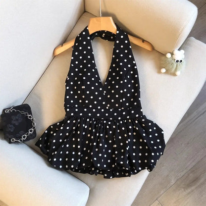 Backless Sexy Halter Beach Babydoll Crop Tops Women Polka Dots V Neck Sleeveless T Shirt Ruffles Basic Tees Not-Padded Pad