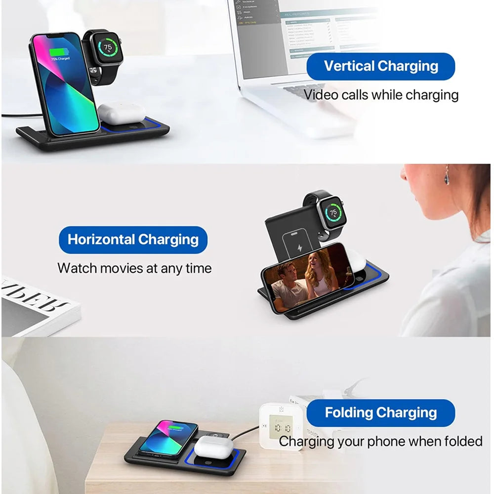15W 3 in 1 Wireless Charger Stand Pad Foldable Fast Charging Station Dock For iPhone17 16 15 14 13 12 11 X 8 Apple Watch Airpods