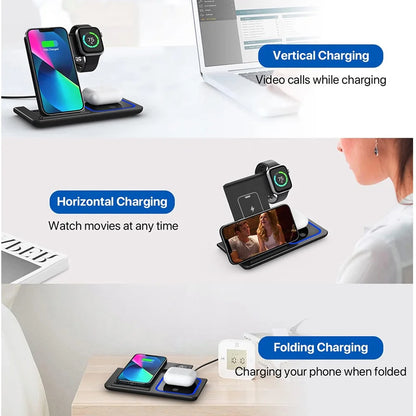 15W 3 in 1 Wireless Charger Stand Pad Foldable Fast Charging Station Dock For iPhone17 16 15 14 13 12 11 X 8 Apple Watch Airpods