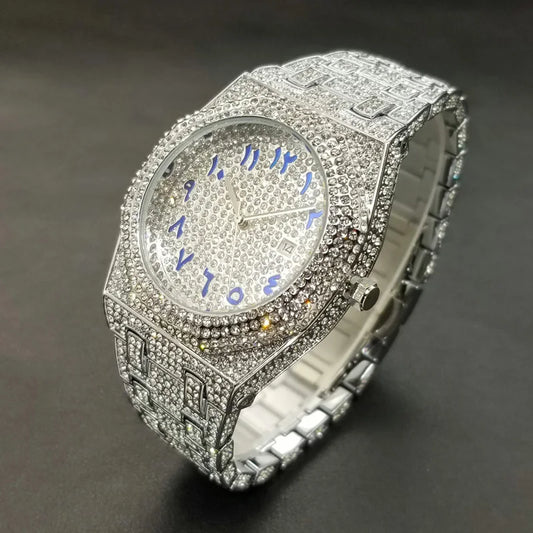 New Arab Number Brand Watch For Men Luxury Fully Diamond Bling Mens Quartz Watches Fashion Iced Out Silver Waterproof Male Clock