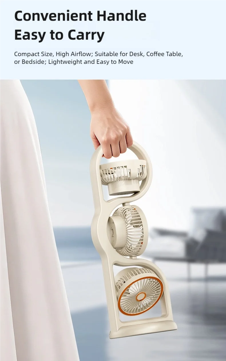 TINSOL New Portable USB Rechargeable Three-Head Fan – 360° Circulation, 5-Speed Wind, Dormitory and Outdoor Desktop Fan