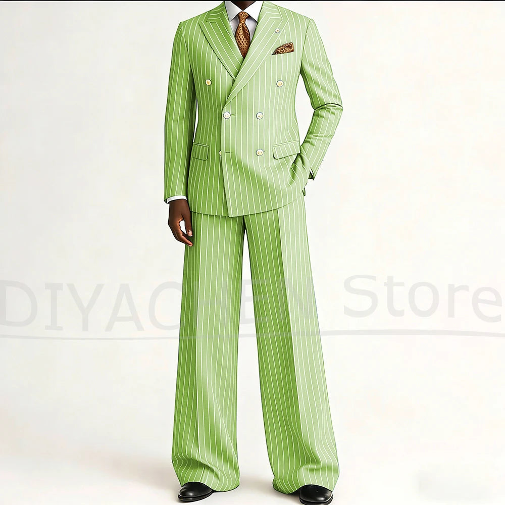 Men's Striped Double Breasted Suit Set Fashion Peak Lapel Formal Outfits 2 Piece Wedding Business Events Casual Male Suit