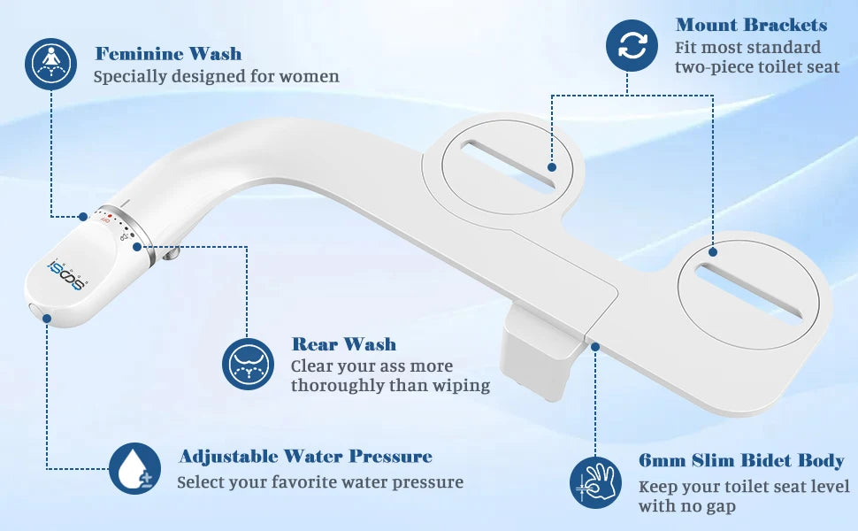 SOOSI Toilet Seat Bidet Attachment Ultra-Slim Double Nozzle Adjustable Water Pressure Non-Electric Ass Sprayer
