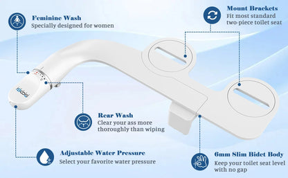 SOOSI Toilet Seat Bidet Attachment Ultra-Slim Double Nozzle Adjustable Water Pressure Non-Electric Ass Sprayer