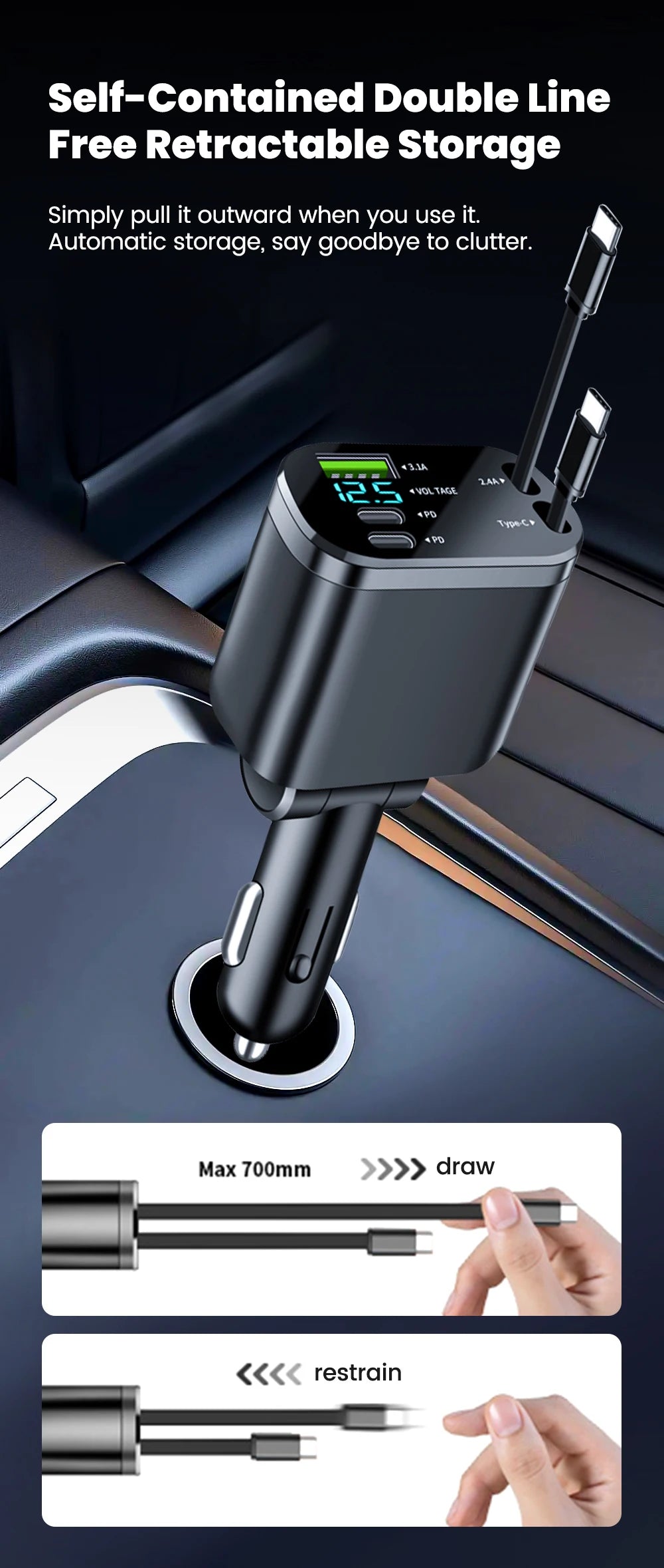 Elough Digital Display Car Charger with Retractable Cable PD Car Fast Charger for iPhone Xiaomi Huawei Samsung