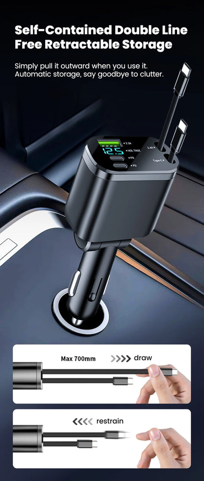 Elough Digital Display Car Charger with Retractable Cable PD Car Fast Charger for iPhone Xiaomi Huawei Samsung