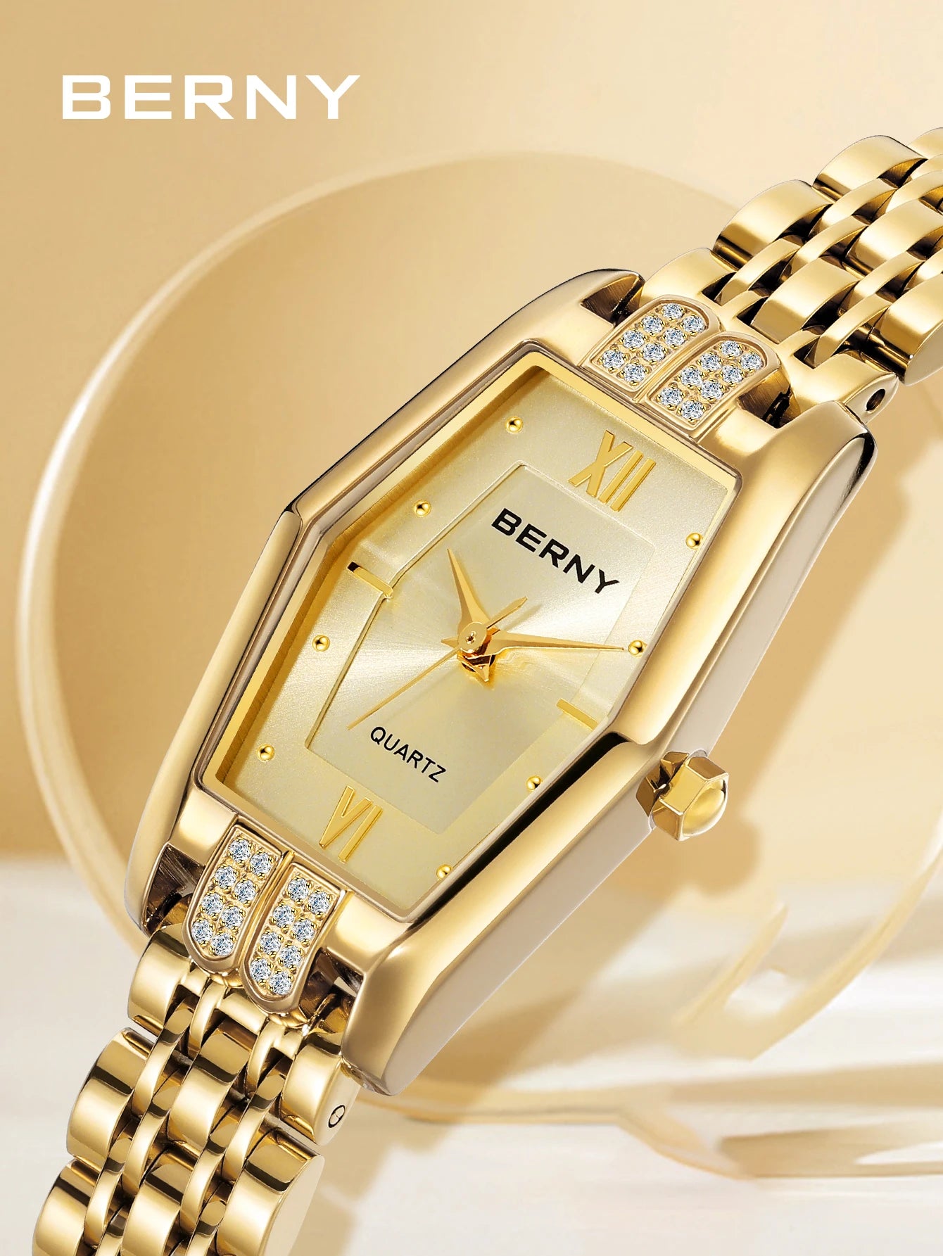 BERNY Gold Watches for Women Elegant Dainty Hexagon Ladies Quartz Wrist Watches Stainless Steel Band Fashion Luxury Bracelet