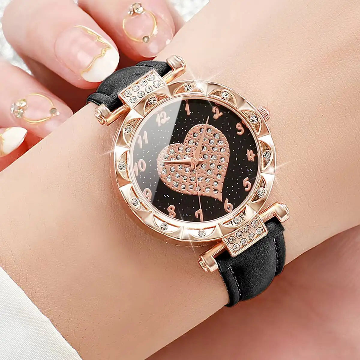 3PCS Women Watches Set Fashion Rhinestone Heart Dial Quartz Watch Female Leather Strap Wristwatch Reloj Mujer（Without Box）