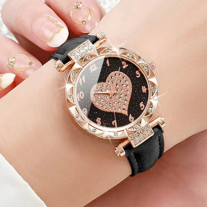 3PCS Women Watches Set Fashion Rhinestone Heart Dial Quartz Watch Female Leather Strap Wristwatch Reloj Mujer（Without Box）