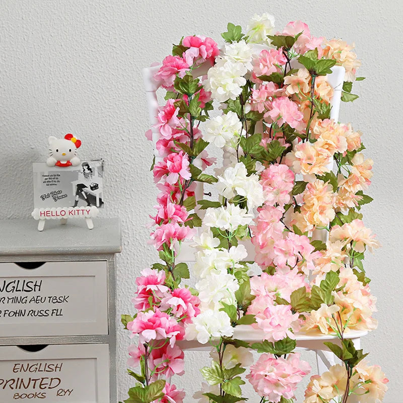 8pcs 1.8M Artificial Cherry Blossom Flower Vines Faux Flowers Outdoors Hanging Silk Flowers Garland for Wedding Party Home Decor