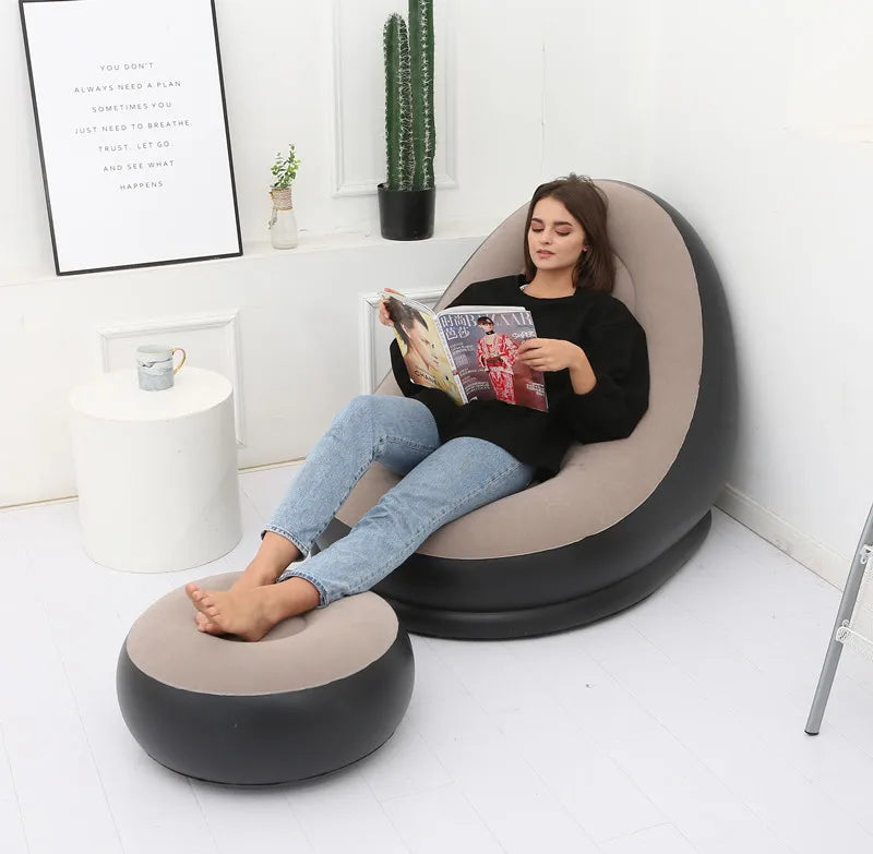OTAUTAU Inflatable Lounger with Footstool Ottoman Chaise Lounge Recliner Outdoor Portable Camping Couch Garden Chair Pouf SF029