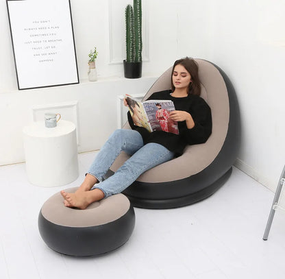 OTAUTAU Inflatable Lounger with Footstool Ottoman Chaise Lounge Recliner Outdoor Portable Camping Couch Garden Chair Pouf SF029