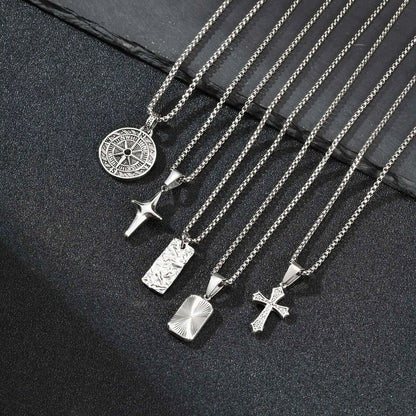 Men's Silver Color Geometric Pendant Necklace, Non Fading Stainless Steel Compass Necklace with Chain, Stylish Jewelry Gifts