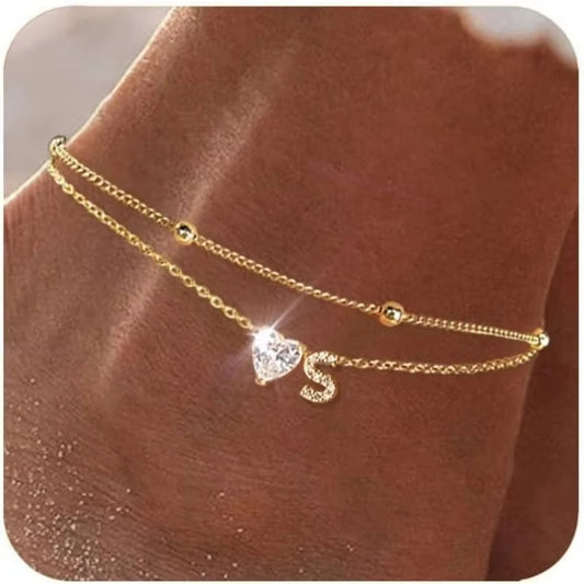 Waterproof cz Ankle Bracelets for Women  14K Gold Plated CZ Initial Dainty Layered Heart Anklets Foot Chain Summer Beach Jewelry