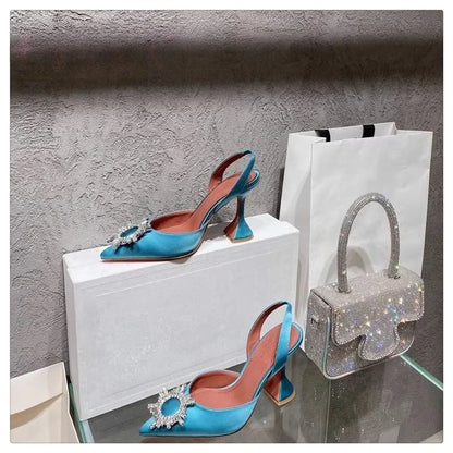 2025 European and American Women's New Silk Sunflower Crystal Diamond Buckle High Heels Horseshoe Heel Women's Sandals
