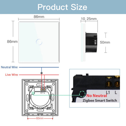 BSEED Zigbee Wall Switches Smart Touch Screen Light Switch 1/2/3Gang 1/2/3Way Google Alexa Tuya App Control No Neutral Line
