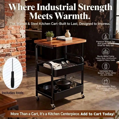 Three-Tier/Two-Tier Rolling Metal Kitchen Storage Trolley - 360° Lockable Casters, Heavy-Duty Metal Frame, Three-Tier Categorize