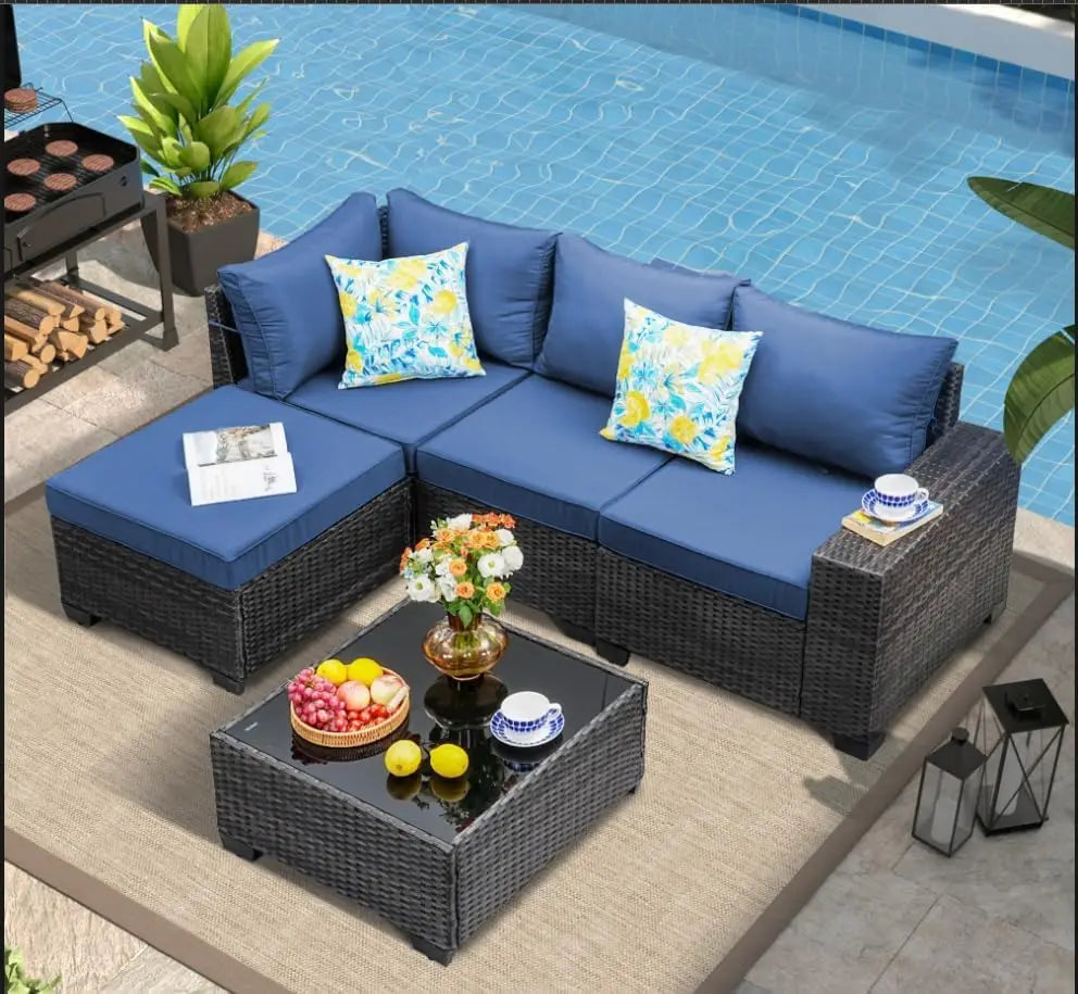 Rattan Patio Conversation Set with Cushions & Tea Table for Garden Backyard Poolside, Custom