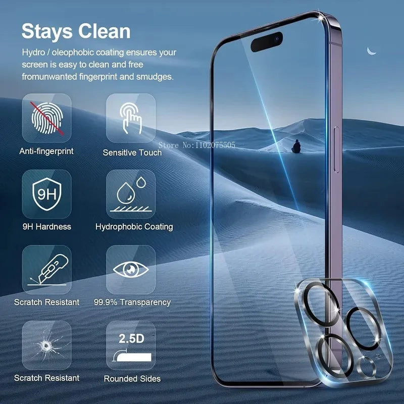 3+1 3PCS 9D Screen Protection Tempered Glass for IPhone 14 15Pro 11/12/13/14/15/16 Pro Max 13 Mini 16 Plus+1PCS Camera Lens Film
