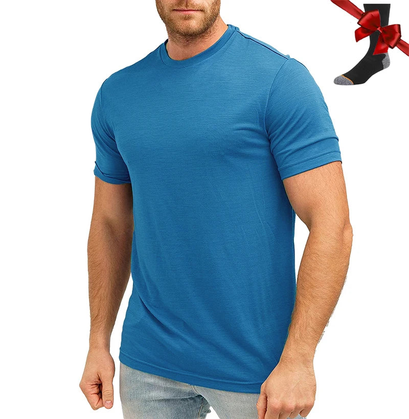 100% Superfine Merino Wool T Shirt Mens Base Layer Shirt Merino Wool Wicking Breathable Quick Dry Anti-Odor +Merino Wool Socks
