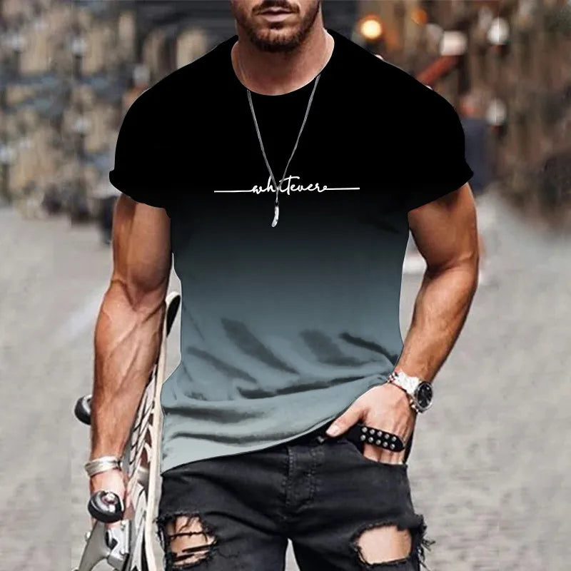 Trend gradient fashion printing 2024 new casual loose short-sleeved men's 3D digital printing T-shirt round neck loose version