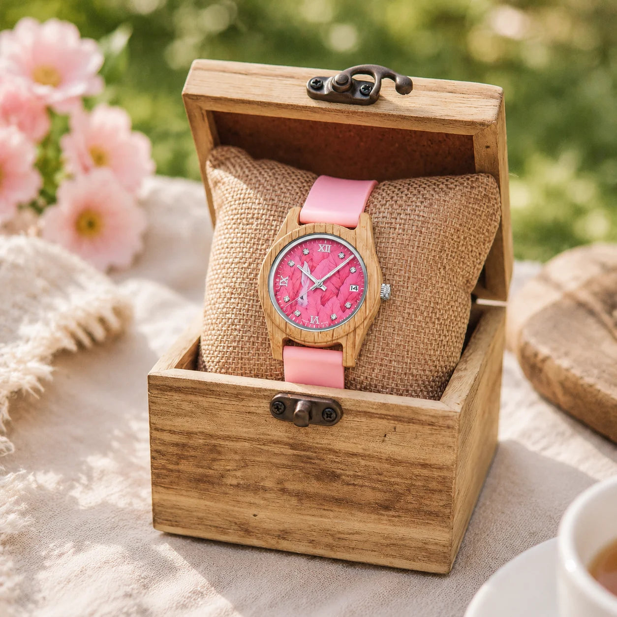 Women's Pink Wooden Watch Luxury Fashion Wristwatch Gift for Girls Elegant Quartz Watch with Silicone Strap Support Dropship