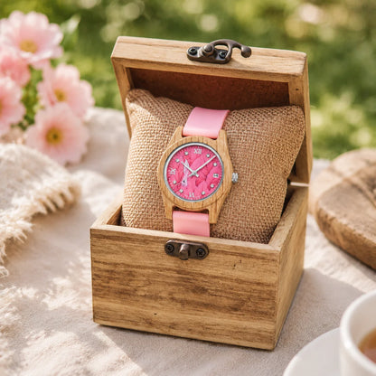 Women's Pink Wooden Watch Luxury Fashion Wristwatch Gift for Girls Elegant Quartz Watch with Silicone Strap Support Dropship