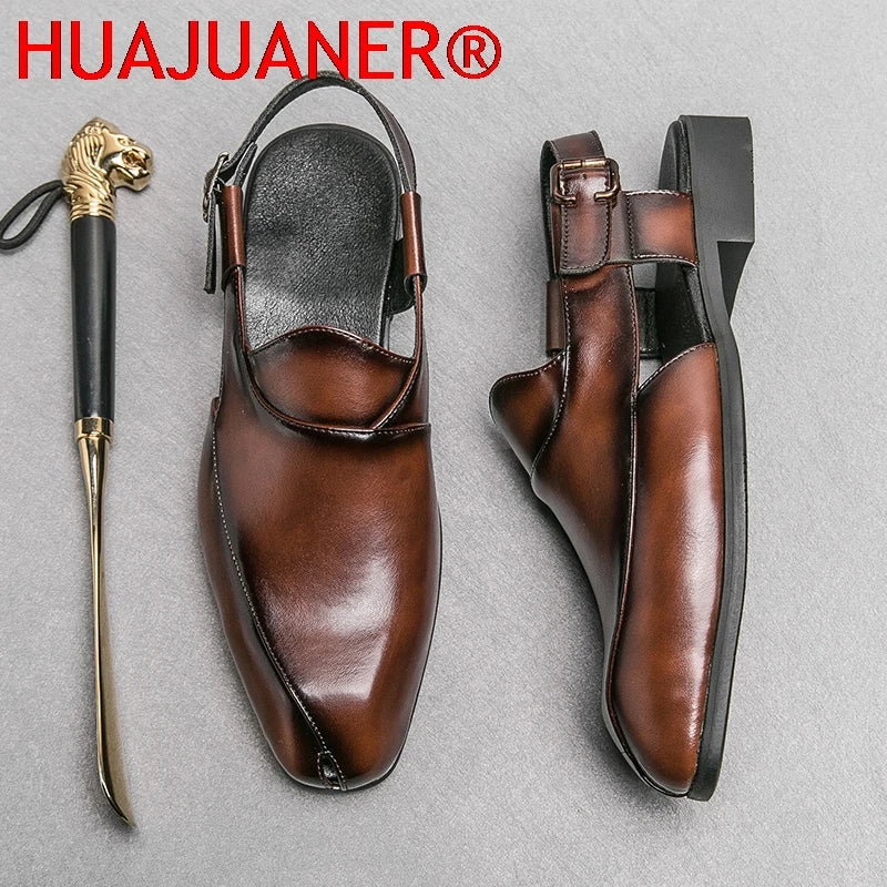 Hollow Out Dress Party Sandals Fashion Leather Summer Shoes Men Leisure Formal Flats Business Footwear Men's Wedding Sandals