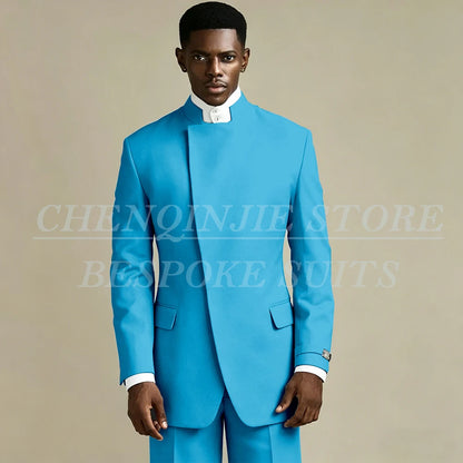 Elegant Black Men's Suits 2 Piece Jacket Pants Outfits Formal Single Breasted Stand Lapel Skinny Clothing Costume Homme