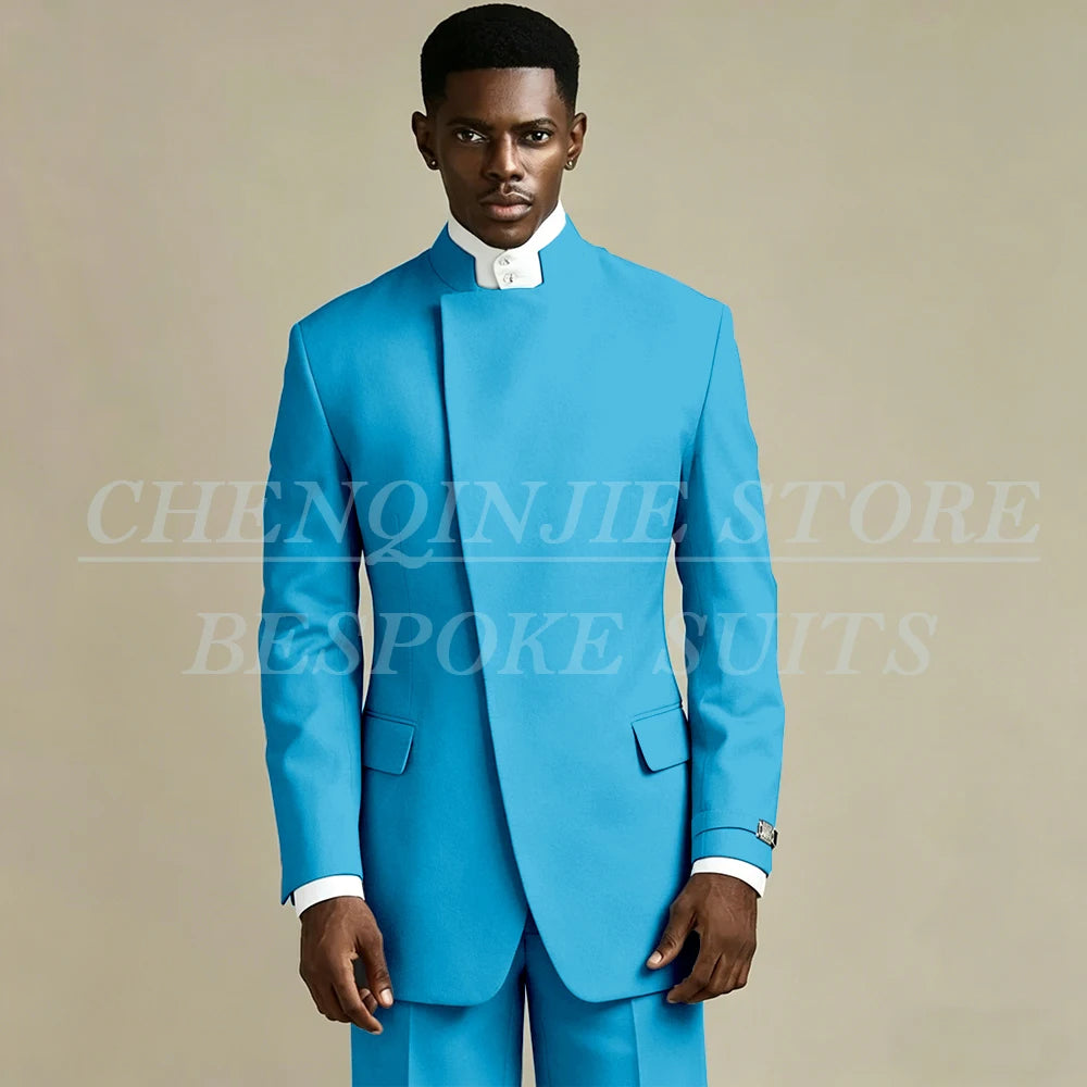 Elegant Black Men's Suits 2 Piece Jacket Pants Outfits Formal Single Breasted Stand Lapel Skinny Clothing Costume Homme