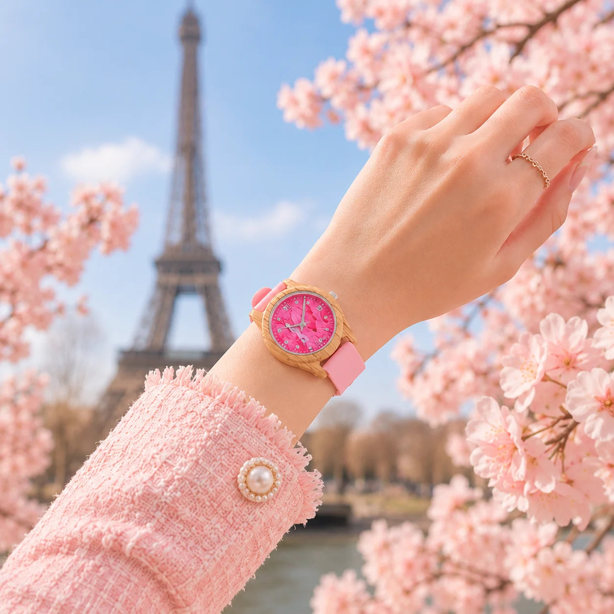 Women's Pink Wooden Watch Luxury Fashion Wristwatch Gift for Girls Elegant Quartz Watch with Silicone Strap Support Dropship