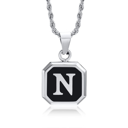 Initials Necklaces for Men Women,A-Z 26 Letters Black Square Stainless Steel Pendant Collar,45-60CM Twisted Rope Chain Gifts