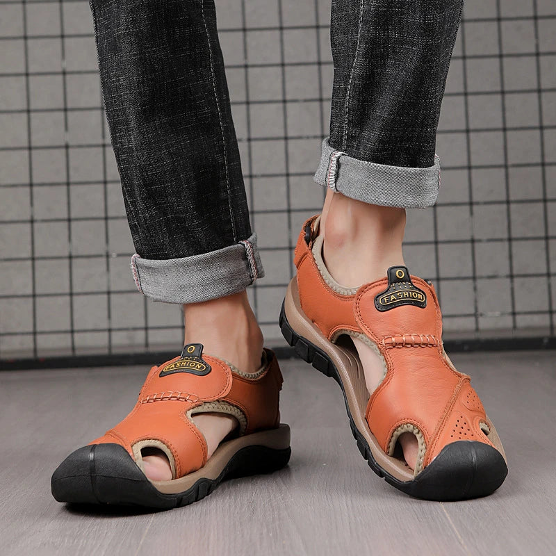 2025 Large-Size Leather Men's Shoes Summer Sandals Casual Outdoor Head Beach Shoes Comfortable Breathable Hollow Velcro Patch