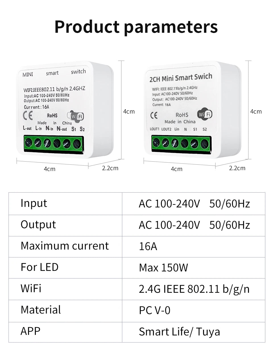 100-240V 16A Tuya Smart WiFi Switch Mini 1/2Gang Breaker Relay Smart Life App Remote Interruptor Google Home Alexa Voice Control