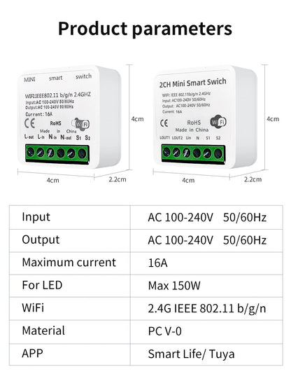 100-240V 16A Tuya Smart WiFi Switch Mini 1/2Gang Breaker Relay Smart Life App Remote Interruptor Google Home Alexa Voice Control