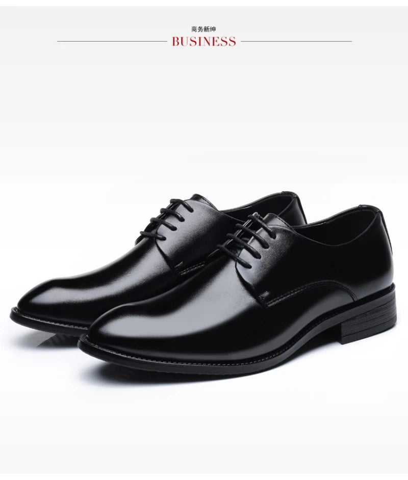 Mens Breathable Leather Dress Shoes Formal Business Footwear Pointed Toe Lace Up Flat Sole Groom Wedding Shoes Simple Leisure