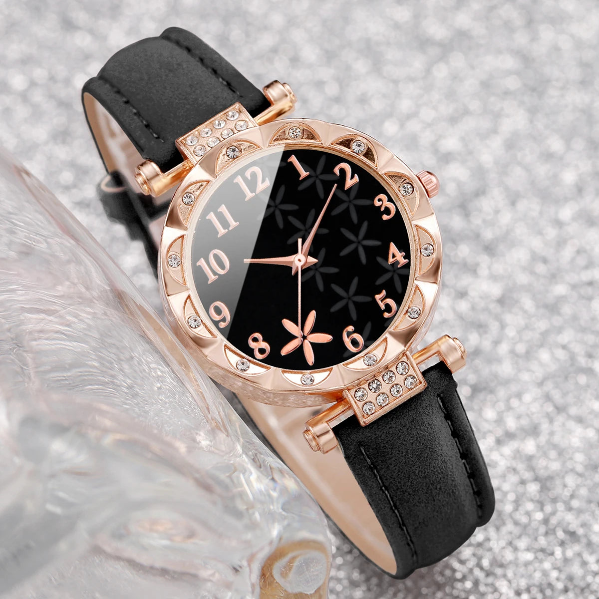 5/6PCS Fashion Rhinestone Women Watches Casual Leather Band Quartz Watch for Women Clock Jewelry Set Reloj Mujer（Without Box）