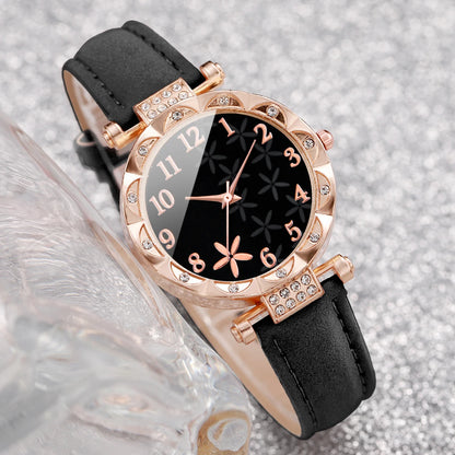 5/6PCS Fashion Rhinestone Women Watches Casual Leather Band Quartz Watch for Women Clock Jewelry Set Reloj Mujer（Without Box）
