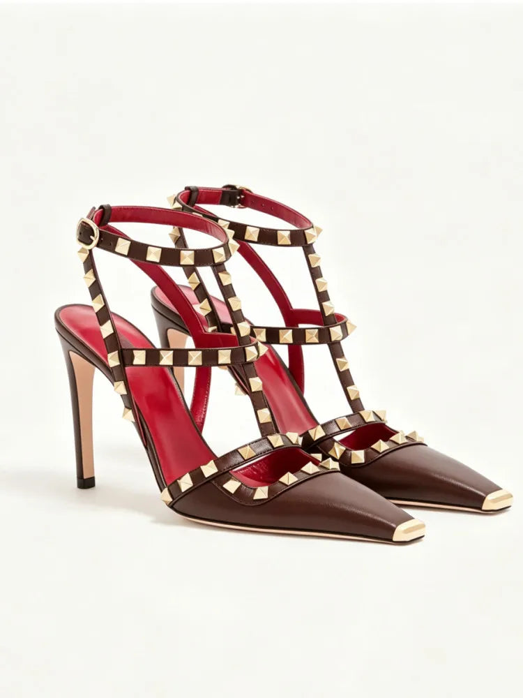 Summer Square Headed Rivet High-heeled Women's Sandals, Fashionable and Sexy Women's Party T-table Women's Plus Size Sandals