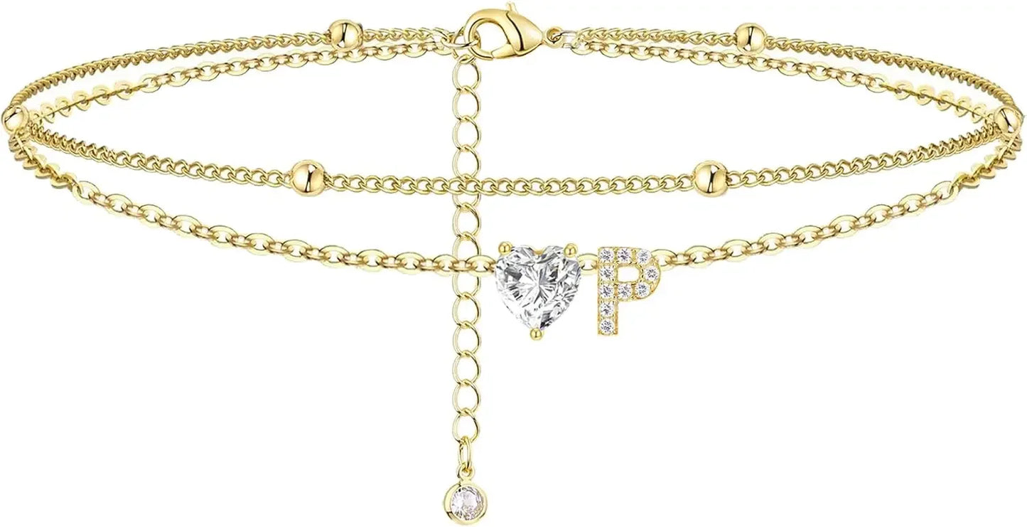 Waterproof cz Ankle Bracelets for Women  14K Gold Plated CZ Initial Dainty Layered Heart Anklets Foot Chain Summer Beach Jewelry