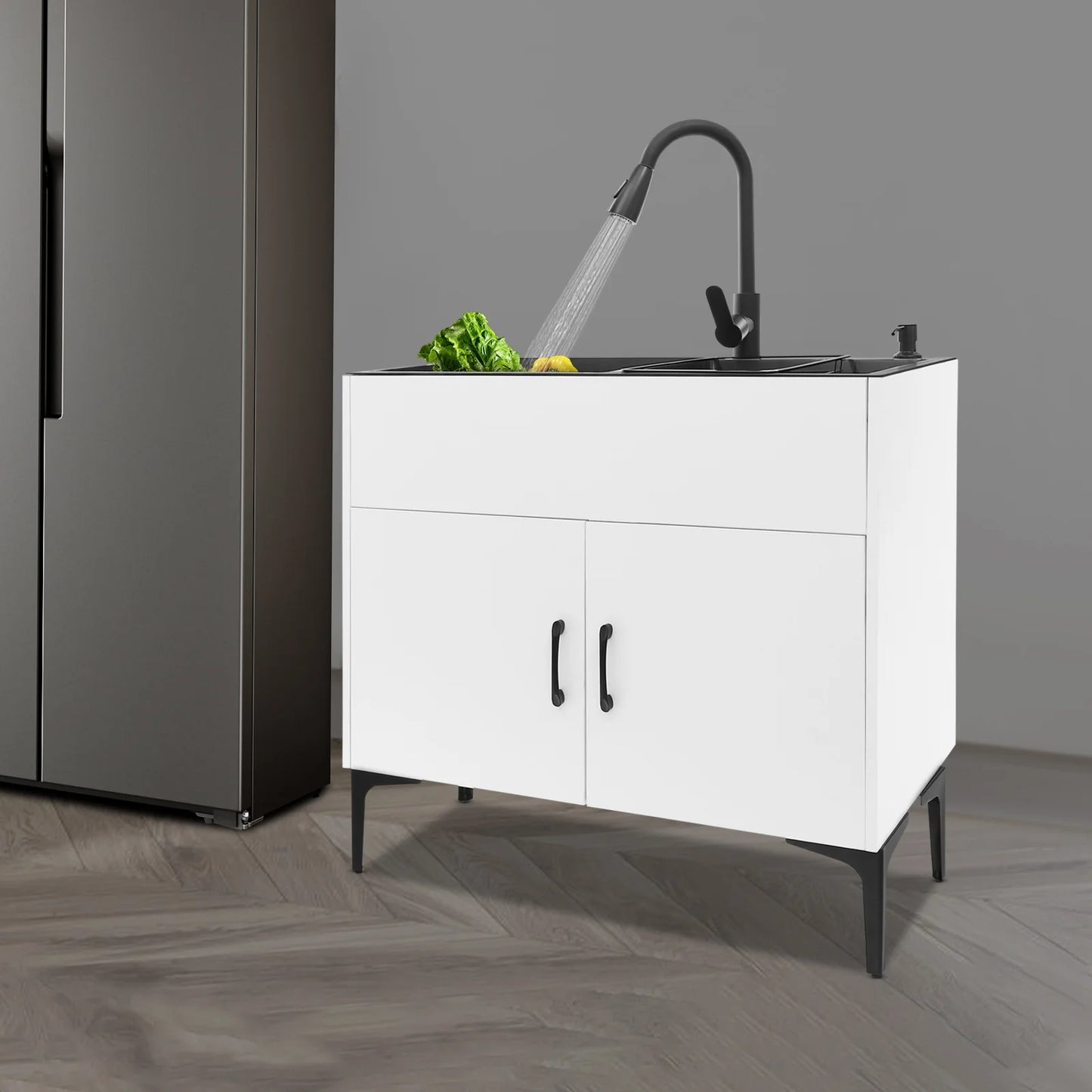 Laundry Sink with Cabinet Sink with Pull-Out Faucet and Cabinet Freestanding Kitchen Sink