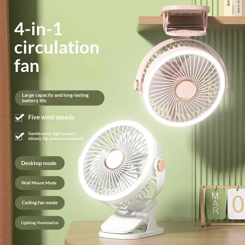 Portable Clip On Fan With LED Light, 720° Rotation Mini USB Rechargeable Fan, 5 Speed Quiet Cooling Fan For Home Office Camping
