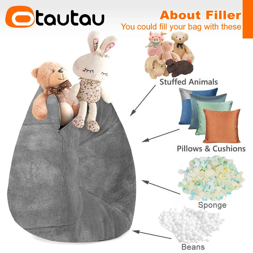 OTAUTAU Adults  Children Fluffy Faux Fur Bean Bag Pouf Cover without Filler Beanbag Puff Salon Ottoman Corner Seat Sac DD003