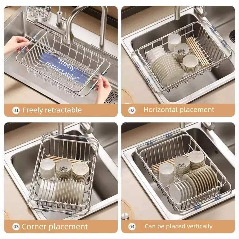 Telescopic Stainless Steel Sink Drain Basket Dishwashing Rack Kitchen Storage Organizer for Utensils and Dishes