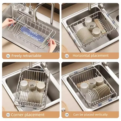 Telescopic Stainless Steel Sink Drain Basket Dishwashing Rack Kitchen Storage Organizer for Utensils and Dishes